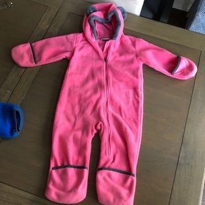Pink Columbia fleece baby bunting with bear ears